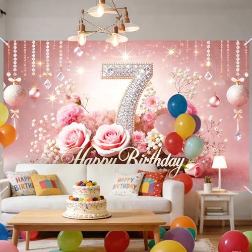Image of Nuxovilar 7th Birthday Banner - Elegant Pink & Gold Floral Backdrop