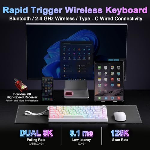Image of YUNZII RT75 PRO Wireless Gaming Keyboard,Hall Effect Mechanical Rapid Trigger Magnetic Keyboard Bluetooth /USB-C /2.4G 8KHz Polling Rate,RGB Backlit,TGL /SOCD /DKS /MT (White, Red Switch)
