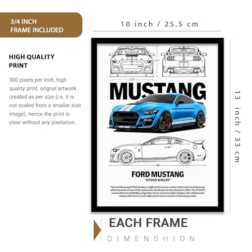 Image of walllane Big Bugatti Chiron, Dodge Hellcat, Ford Mustang Cars Framed Posters Gift Items for Boys Room Wall Decoration Bedroom Living Room Office Studio Decor | Car Poster Frame for Wall Decor Set Of 3 Size(10x13 inch), Framed)