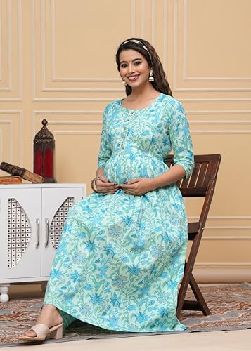 Image of Women's Feeding Kurta Cotton | Floral Anarkali Pregnancy Kurta with Nursing Zipper | Pre & Post Partum | Maternity Dresses | Mom to Be Gift