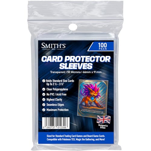 Smiths Standard Trading Card Sleeves | 100 Pack | Size: 66x91mm | 50 Micron | Ultra-Clear | Compatible with Pokemon TCG Magic: The Gathering Yu-Gi-Oh! Board & Sports Cards | Acid & PVC-Free