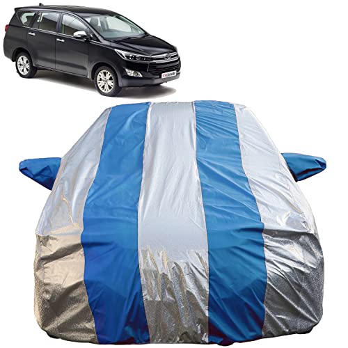 Image of Autofact Waterproof Car Body Cover Compatible with Toyota Innova Crysta (2016 to 2022) with Mirror Pockets (Blue Stripes with Shinning Silver Fabric /Waterproof Cover)