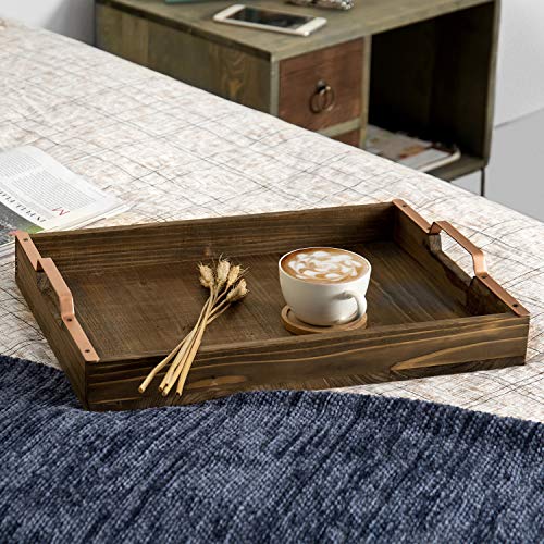 Exclusive Special MyGift Rustic Burnt Wood 16-inch Breakfast Serving Tray with Copper-Tone Metal Handles