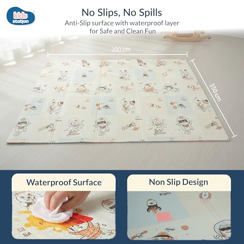 Image of Kids Station Double-Sided Waterproof Baby Playmat - Foldable, Portable & Reversible Foam Mat for Infants, Toddlers & Kids - Soft, Non-Slip, Easy-to-Clean Baby Crawling Mat for Indoor /Outdoor Use (200x150x1.0cm, City & Rocket Print Big)