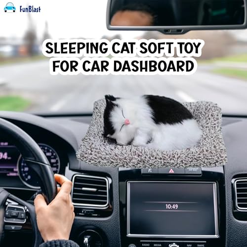Image of FunBlast Cute Sleeping Cat Plush Toy with Meow Sound, Gift for Kids, Toy Accessories for Car Dashboard (White Black)