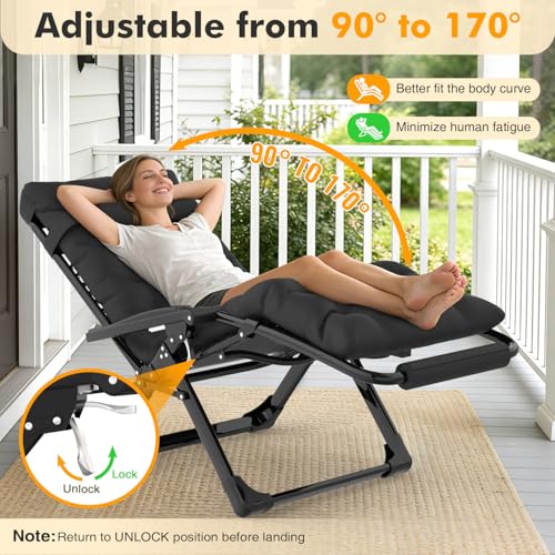 Image of Slendor Oversized Zero Gravity Chairs XL, 29in Padded Recliner Chair, Black | Reclining Lounge Chair, Folding Anti Gravity Chairs w /Aluminum Alloy Lock,Headrest,Cup Holder, Support 440lbs,for Lawn Patio