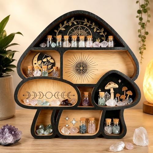 Zetosva Mushroom Crystal Shelf Display Decor Wall Shelves Crystal Holder Mushroom Decorations and Trinket Shelf Knick Knack Shelf Unique Aesthetic Home Decor for Bedroom and Living Room
