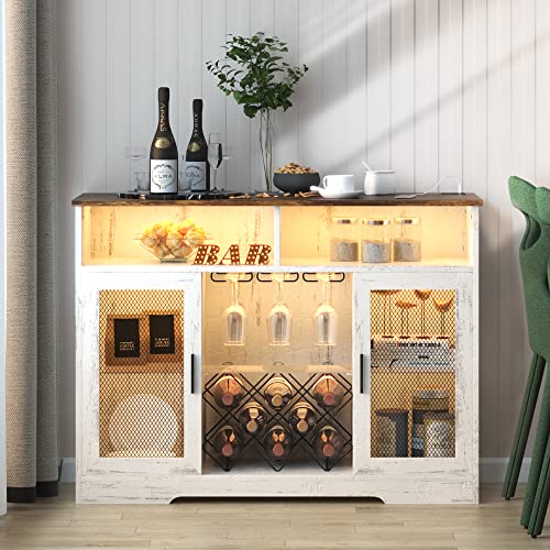 LVSOMT Bar Cabinet with Wine Rack and Glass Holder, LED Sensor Lights Farmhouse Coffee Bar Cabinet for Liquor and Glasses, Sideboard Buffet Cabinet with 2 Shelves 4 Adjustable storage Mesh D