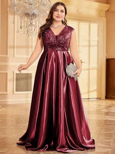 Image of Plus Size Satin Mother of the Bride Formal Gown for Wedding Sleeveless V-Neck Evening Dress