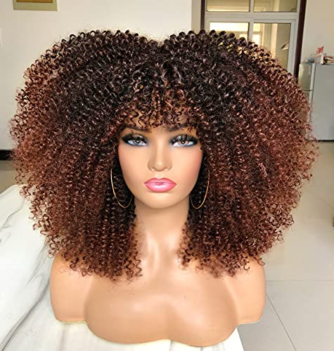 ANNIVIA 16inch Curly Afro Wig with Bangs for Black White Women Fashion Bomb Long Curly Hair Wig