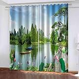 Blickdichte Vorhänge mit Ösen Holzboot Übergardinen Wohnzimmer 2er Set H245 x B140 cm 3D Naturlandschaft Verdunkelungsvorhang Thermal Curtains for Bedroom Living Room A.3193