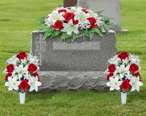 Artificial Headstone Flower Saddles for Graves, Cemetery Memorial Flowers for Outdoor Tombstone Decorations, Artificial Lily Rose Saddle Flowers image 7