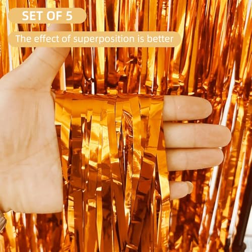 Image of 5 Pack Orange Fringe Backdrop 3.2ft x 8.2ft Foil Curtain Tinsel Foil Fringe Curtains Backdrop Tinsel Backdrop Streamers for Birthday Party Decoration Wedding Halloween Christmas Decoration (Orange)
