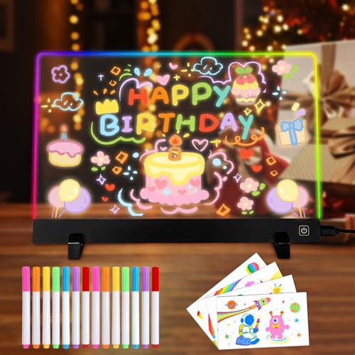 Smocraut LED Zeichenbrett, LED Notiztafel mit Farben, 30x20cm Acryl Maltafel Leuchtendes Zeichenbrett, LED-Leuchttafel Farbnotiztafel Drawing Note Board mit 4 Beleuchtungs Modi & 14 Marker Stift