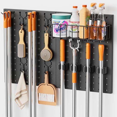 Broom Holder Wall Mount, Peg Board Wall Organizer with Mop