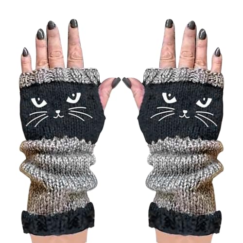 Gestrickte Fingerlose Handschuhe – Warme Handschuhe Mit Offenen Fingern, Katzen-Stickerei, Wärmender Warmer Strickhandschuh Für Den Außenbereich, Für Katzenliebhaber,...