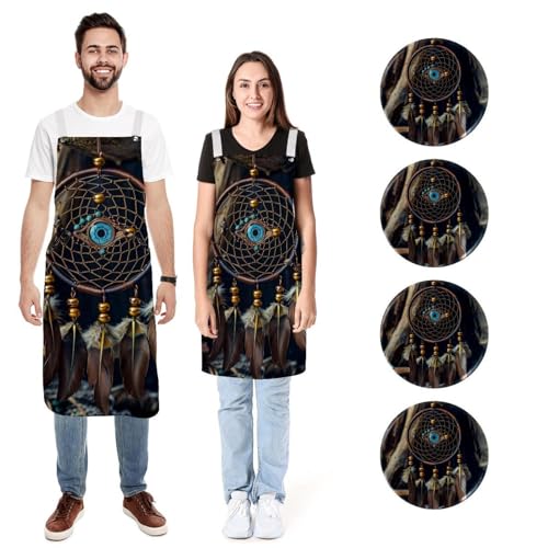 Tablier de cuisine rétro homme femme grand format en filigrane attrape-rêves avec poche