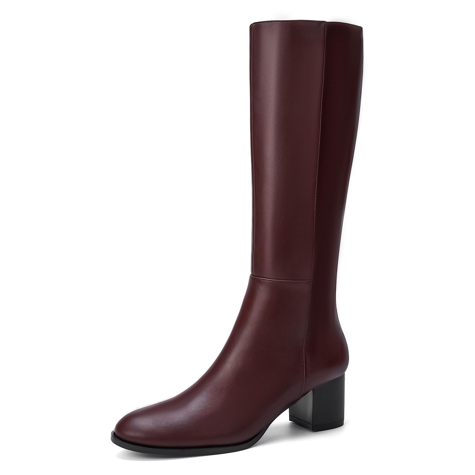 Knee High Boots Round Toe Chunky Block Boots with Side Zip Elastic Faux Leather Boots for Women