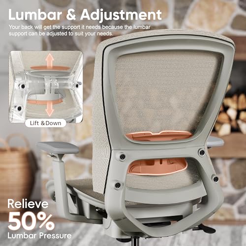 Image of ELABEST Mesh Office Chair,Ergonomic Computer Desk Chair,Sturdy Task Chair- Adjustable Lumbar Support & Armrests,Tilt Function,Comfort Wide Seat,Swivel Home Office Chair (Beige)