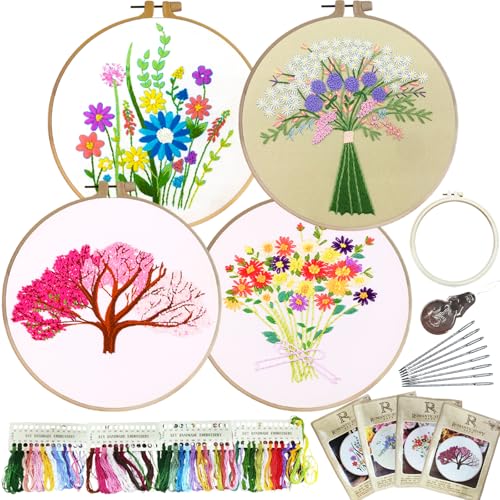 Fofvccv 4 Sets Embroidery Kit for Beginners,Cross Stitching Kits for Adults Kids, DIY Craft Lover Kit with Flower Stamped Patterns,Hoop,Needles,Colorful Threads & Step by Step Instructions