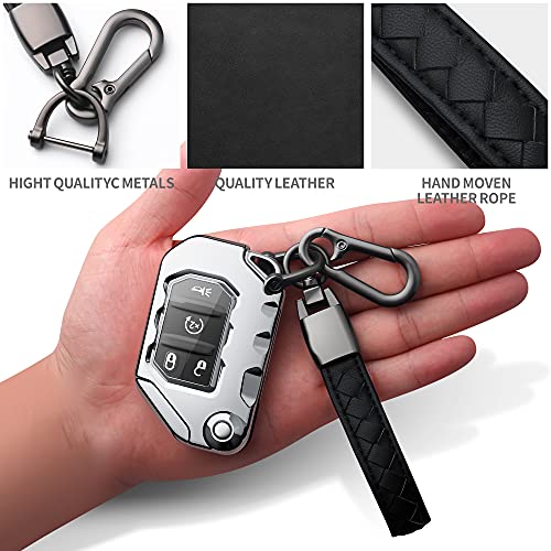 Image of Compatible with Jeep Key Fob Cover With Leather Keychain Soft TPU Protection Key Case for 2018-2026 Wrangler JL JLU Rubicon Wagoneer Gladiator JT Sahara JLU Remote Key (Silver)
