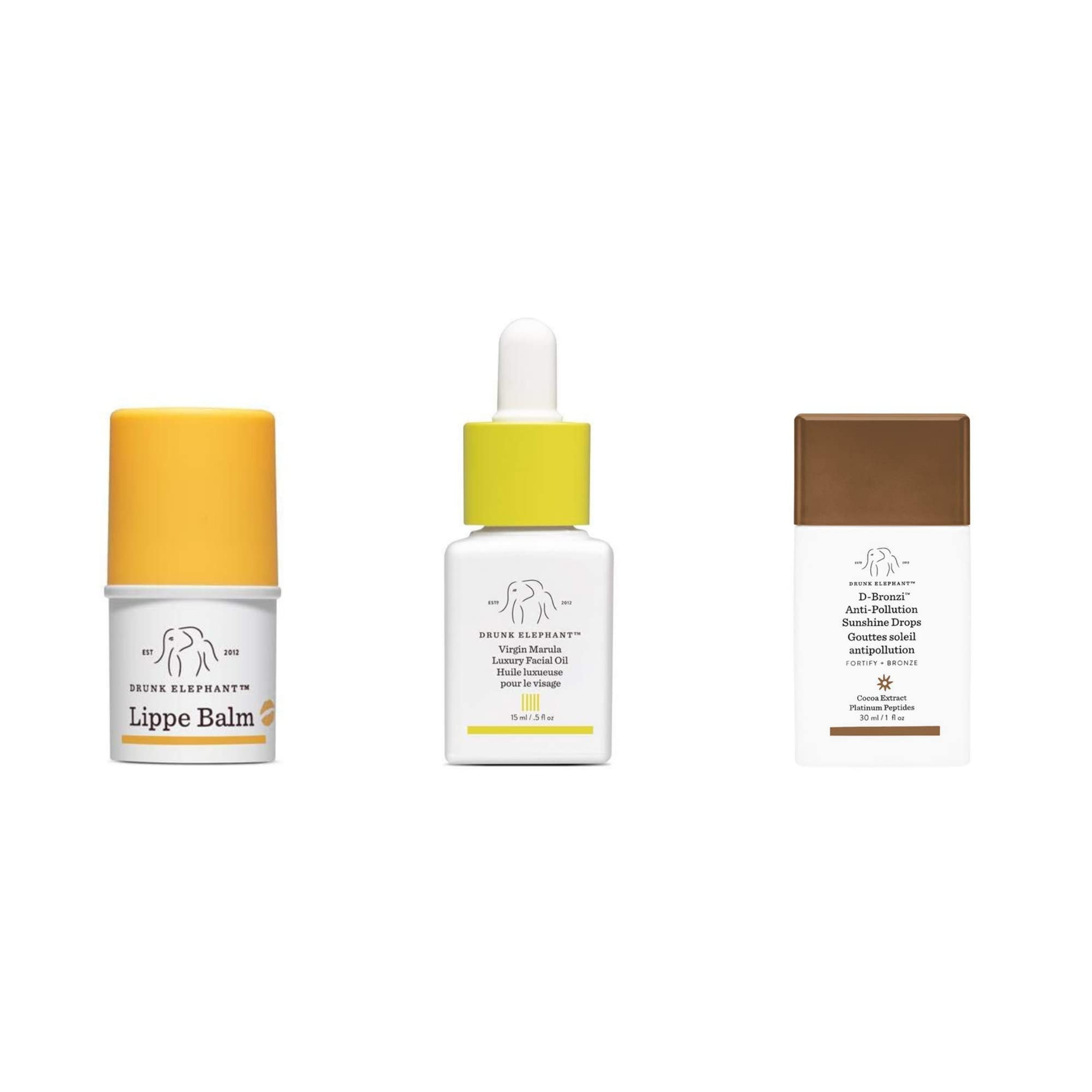 Drunk Elephant D-Bronzi Anti-Pollution Sunshine Serum, Virgin Marula Luxury Facial Oil, Lippe Balm, 