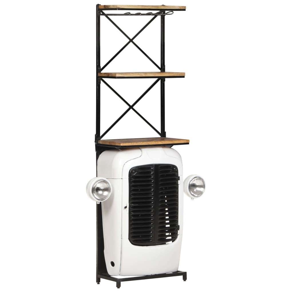 Traktor-Weinschrank Weiß aus rauem Mangoholz und Metall, 49x31x172 cm, 9 Flaschenhalter, 2 Ablagen, stehend, platzsparend, für Küche, Esszimmer, Wohnzimmer, Bar und Keller