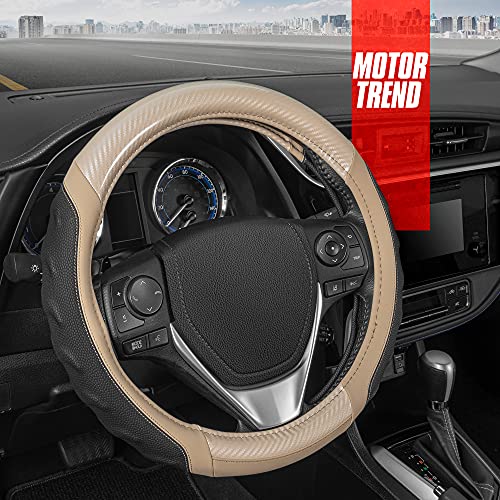 Image of Motor Trend UltraSport Beige Carbon Fiber Steering Wheel Cover, Standard 15 inch Size, Black Faux Leather Comfort Grip, Car Steering Wheel Cover for Auto Truck Van SUV