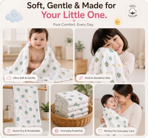 Image of 6 Layer Muslin Cotton Printed Bath Towel for Babies Cotton Super Soft Towels for Newborn Baby Absorbent Bathing Towel,Kids Boys and Girls Random Print Size 45 x 90 cm (Pack of 1)