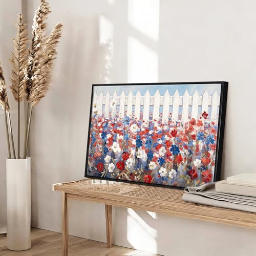 Image of Wildflower Field Framed Canvas Wall Art, 4th of July Red White Blue Canvas Prints, Vintage Rustic Landscape Patriotic Decorations, Independence Day Wall Decor for Bedroom Living Room Office 24x32