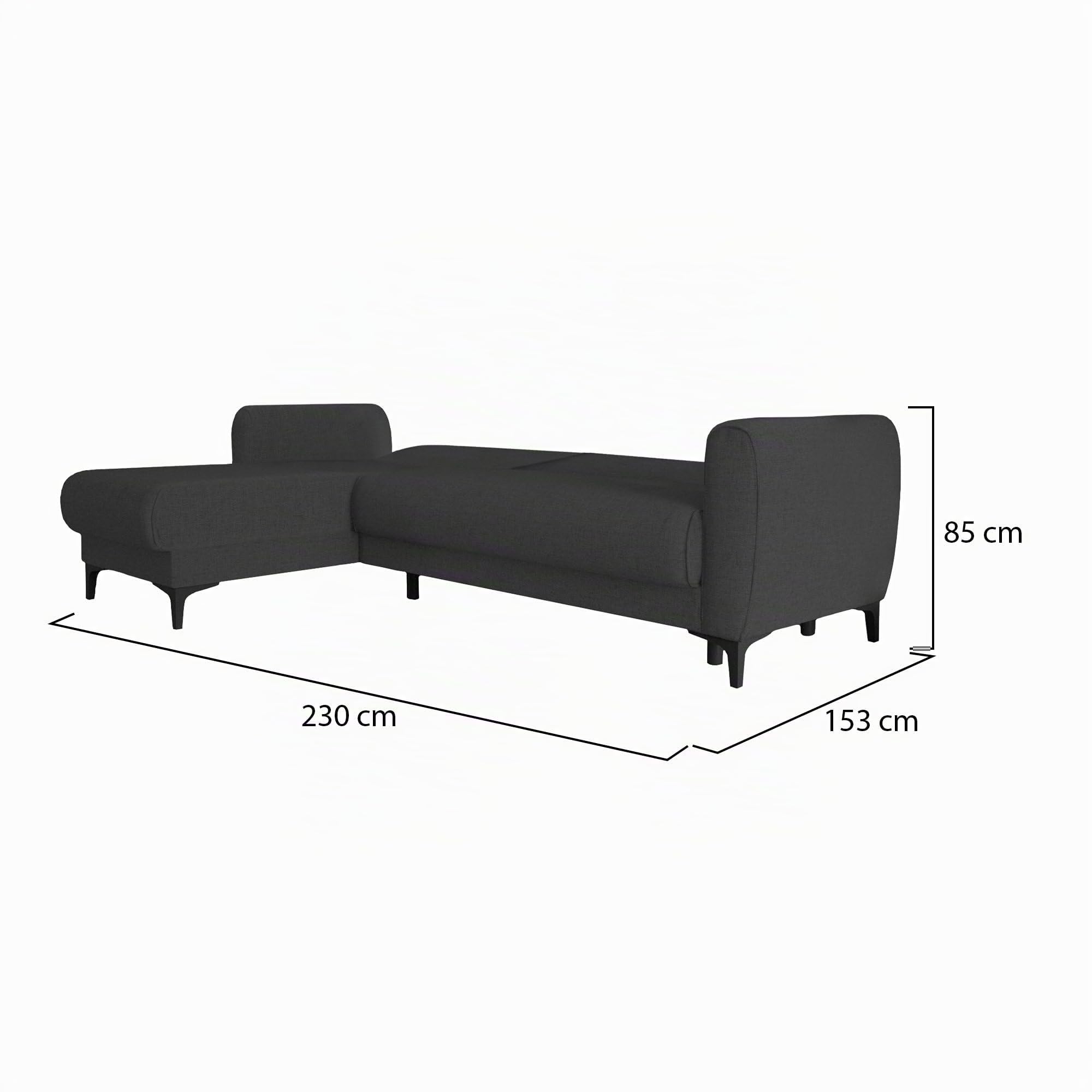 Dmora - Divano Letto con penisola Angel, Divano ad Angolo Reversibile, Sofà Contenitore Moderno con Chaise Longue e 3 Cuscini, 230x153h85 cm, Antracite