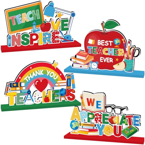 4Pcs Teacher Appreciation Decorations Wooden Table Centerpiece Thank You Teachers Decorations Best Teacher Ever Table Sign for Classroom Office Tabletop Decor