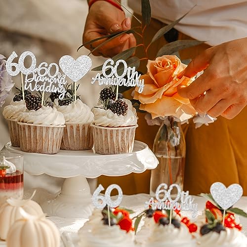 Gyufise 24Pcs Silver Glitter Diamond Wedding Anniversary Heart Cupcake Toppers for 60th Celebration Party Supplies and Cake Decoration - Image 4