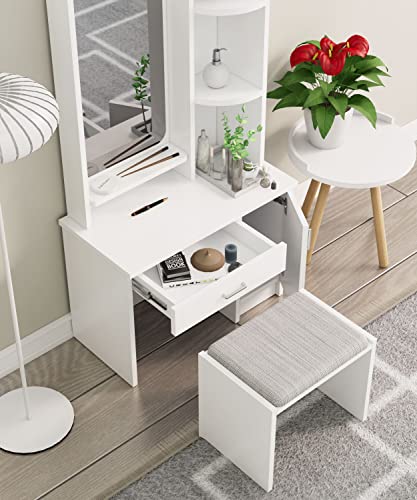 Image of Bniture Wooden Dressing Table for Bedroom with 1 Drawer, Mirror and Huge Storage Space with Stool | Long Dresser Vanity Table with Mirror(40D x 68W x 175H CM) (Frosty White)