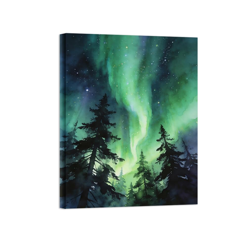 OZPWBVY Green Aurora Tree Landscape Canvas Prints Ready to Hang 70x90cm Wrapped Canvas