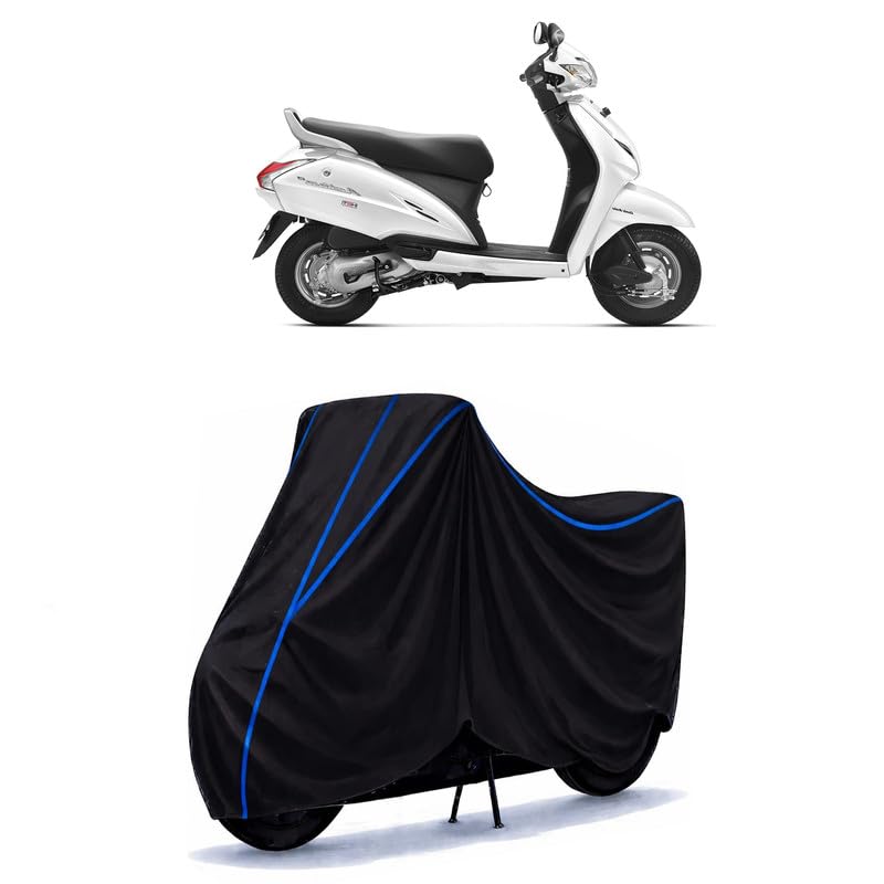 Image of Scooty Cover Water Resistant for Activa i | Universal Scooter & Bike Cover | Heavy Duty UV Dust, Rain & Scratch Protection | Elastic Fit All Weather Indoor Outdoor | Black with Blue Piping