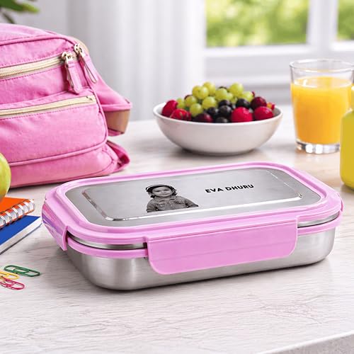 Image of Customised Lunch Box with Name and Photo for Kids - Photo & Name Permanently Printed - Ideal for School, Students, Children - Stainless Steel and Safe Food Container - Pink Color