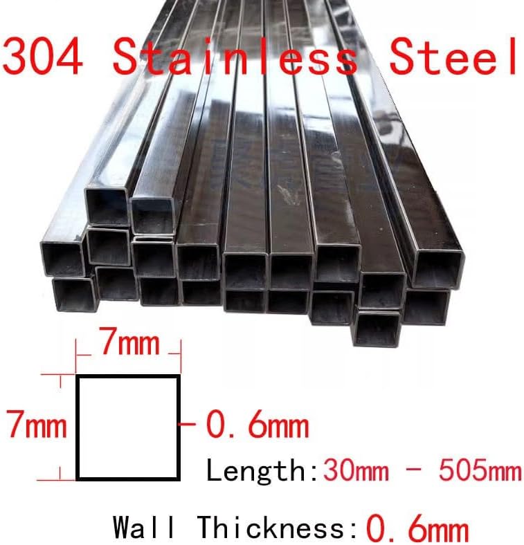 7mm×7mm Side Width 0.6mm Wall Thickness 304 Stainless Steel Square Tube Hollow Straight Pipe, for Home DIY Metal Bracket Flat(7x7x0.6mmx50mm)