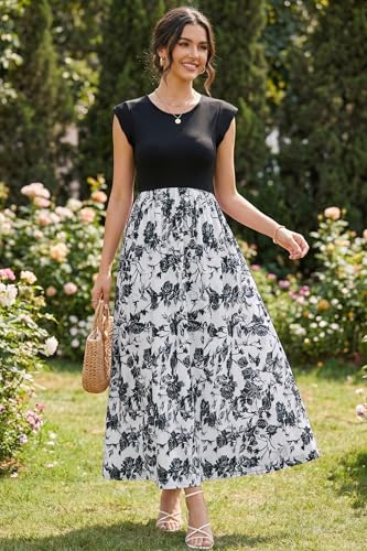 Image of OUGES Women's Maternity Dress Summer Ruffle Sleeve Patchwork Casual Flowy Maxi Dresses with Pockets
