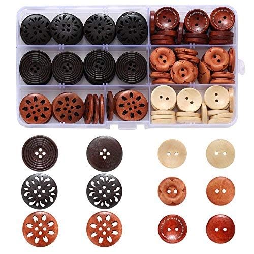 Assorted Round Wood Wooden Buttons Handmade Button Black Brown Beige 4 Hole Mixed Sewing Art DIY Craft Supplies Kits with Box 118pcs