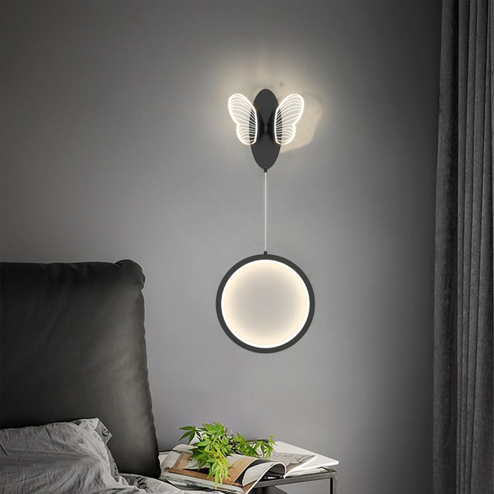 XINYASEE Bedroom Wall Lamps Creative Butterfly Lamps, (Three Light Changing Colours) Living Room Sofa Back Wall Lamps (Black, A)