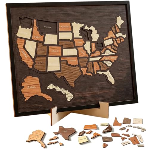 Wooden USA Travel Map Puzzle with Stand, United States Journey Tracker Map Puzzle Pin Board for Us Traveling Rv Vacations Home Classroom Wall Art Home Decor for Couple Family (12 * 10in)