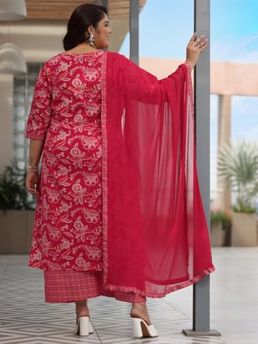 Image of Plus Size Printed Cotton Straight Kurta With Palazzo and Dupatta