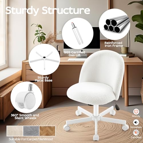 Vanity Chair with Back,Armless Desk Chair Cute Small Office Chair,Teddy Fabric Computer Chair with Adjustable Height,120°Tilting,Rolling,Swivel for Vanity,Kids Room,Office,Bedroom  image 4
