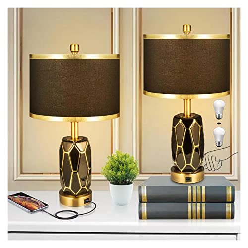 Workluurop Set Of 2 Touch Control Table Lamps For Bedroom Livingroom,Modern Black/White Ceramic Lamp With Usb Ports,Bedside Nightstand Lamp With Fabric Drum Lampshade,Blubs Included(Black) #TOP13