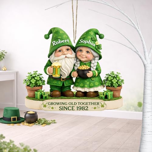 Personalized Growing Old Together Gnome 2D Flat Ornament St Patrick Shamrock Couple Keepsake Irish Holiday Tree Hanging Decoration Gifts for Couples Newlyweds Gift 6