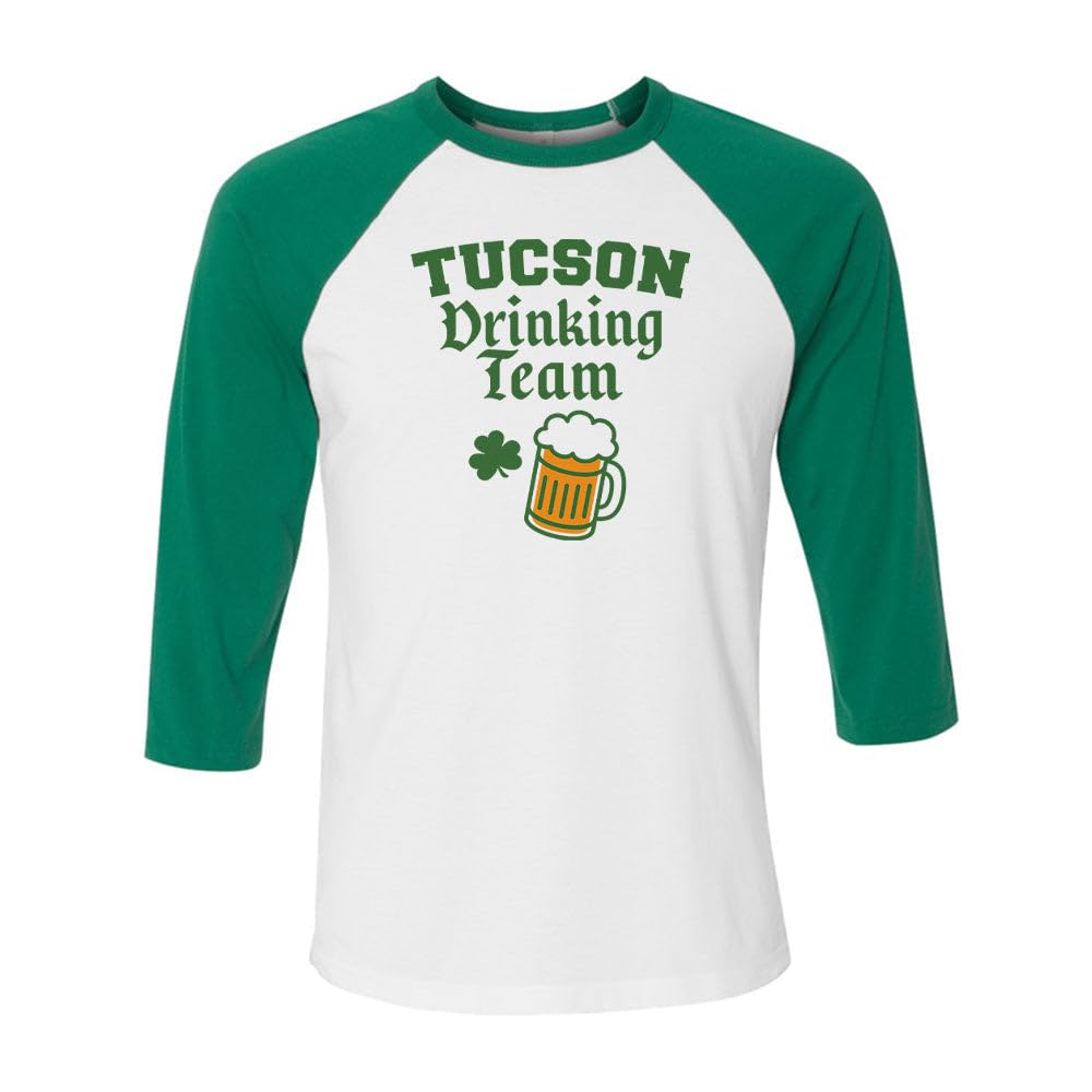 Tucson Drinking Team St. Patrick's Day Three-Quarter Raglan Sleeve Baseball Shirt Unisex X-Large White/Kelly