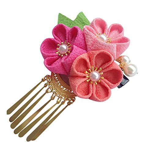 CRB Fashion Womens Girls Japanese Kimono Flower Hair Tie Band Clip (Pink)