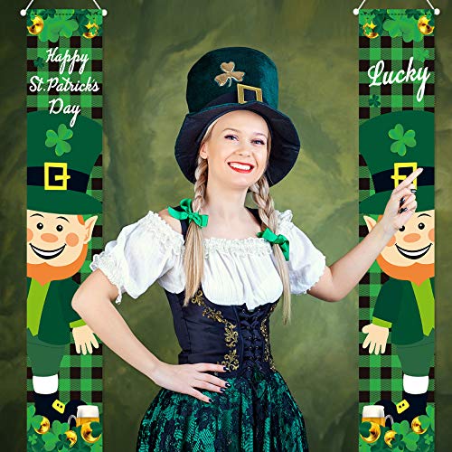 2 Pieces St Patrick\'s Day Porch Sign Happy St Patrick\'s Day and Lucky Hanging Banners for Holiday Home Indoor Outdoor Porch Wall St Patrick\'s Day Decoration(Black and Green Plaid) - Thumbnail 5