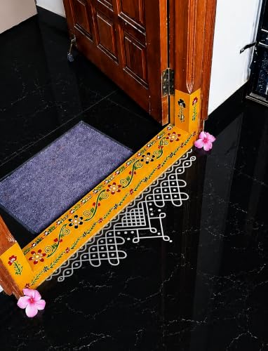 Image of WallDesign Heritage Muggulu Kolam Silver Metallic Traditional Rangoli Floor Sticker for Entrance Threshold, Doorstep & Pooja Room, Self Adhesive Vinyl Art, 30x9 Inch (Pack of 2)
